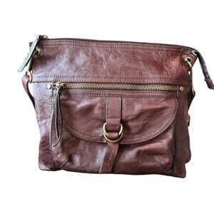 Fossil Sasha Leather Messenger Bag Distressed Crossbody Boho Cognac Brass